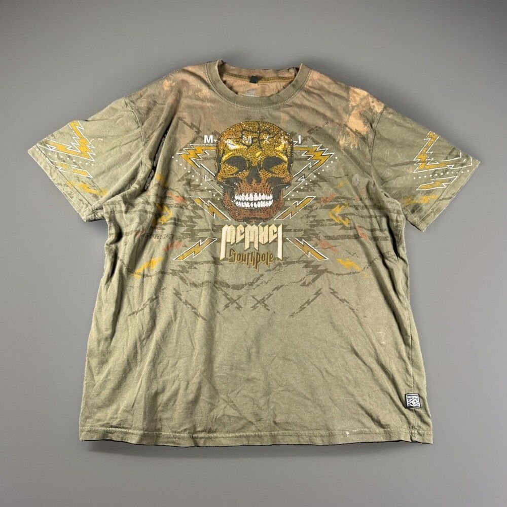 Southpole Rhinestone Skull Graphic Shirt Stained Olive Green Y2K Mens XL
